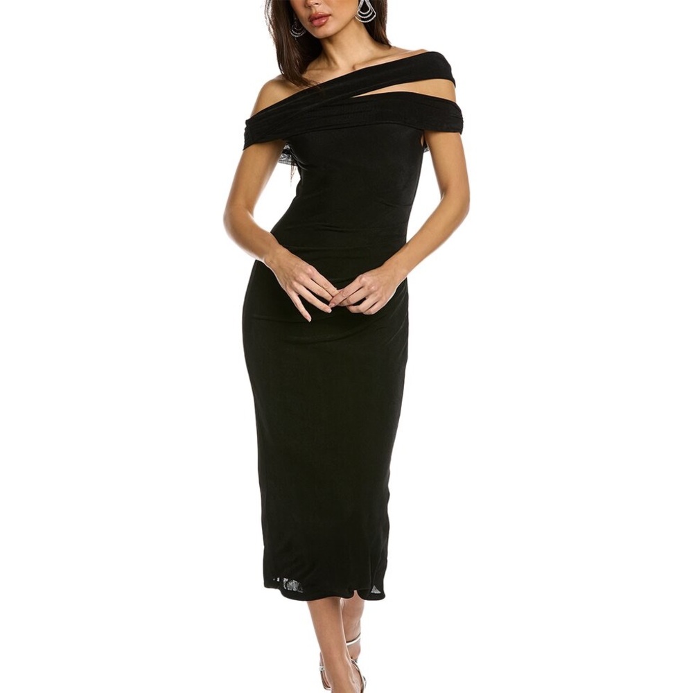 NWT MISHA IMANI SLINKY BODYCON MIDI DRESS XS OFF SHOULDER ASYMETRICAL